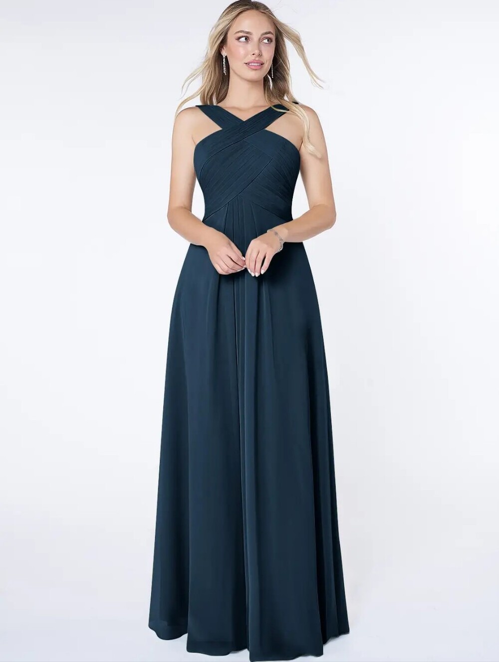 Azazie Dark Navy Kaleigh Maxi Dress Length 63in Size A12 NEW Pleated Bodice